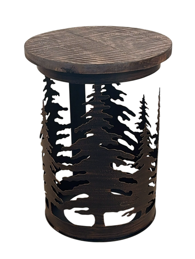 Round metal cylinder end table with pine tree accent and rough sawn wood top on a white background.