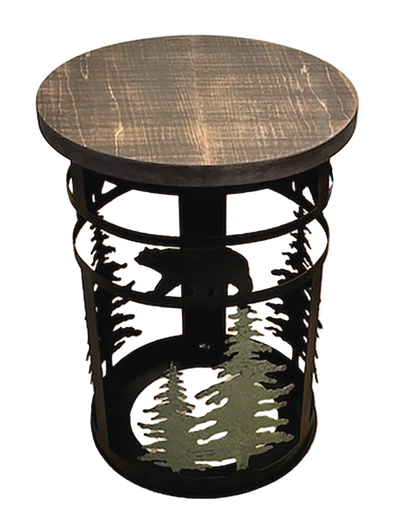 Round wooden table with metal base featuring bear and tree designs on a white background