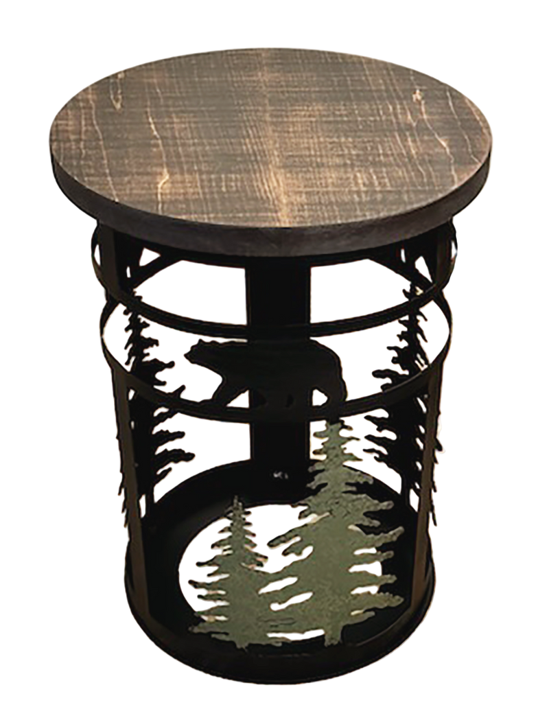 Round wooden table with metal base featuring bear and tree designs on a white background