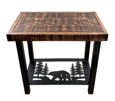Rectangle bear and pine tree metal side table with a rough sawn wood top.