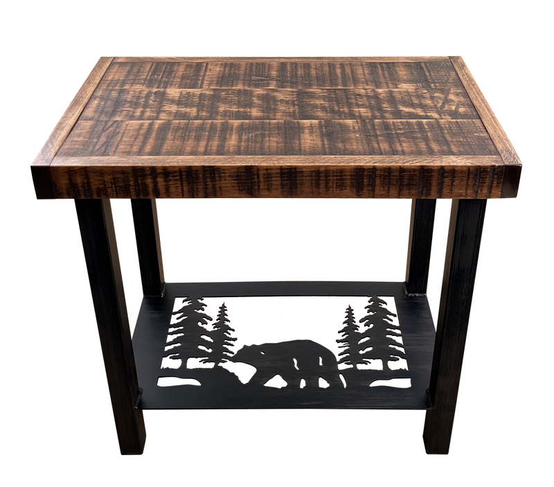 Rectangle bear and pine tree metal side table with a rough sawn wood top.