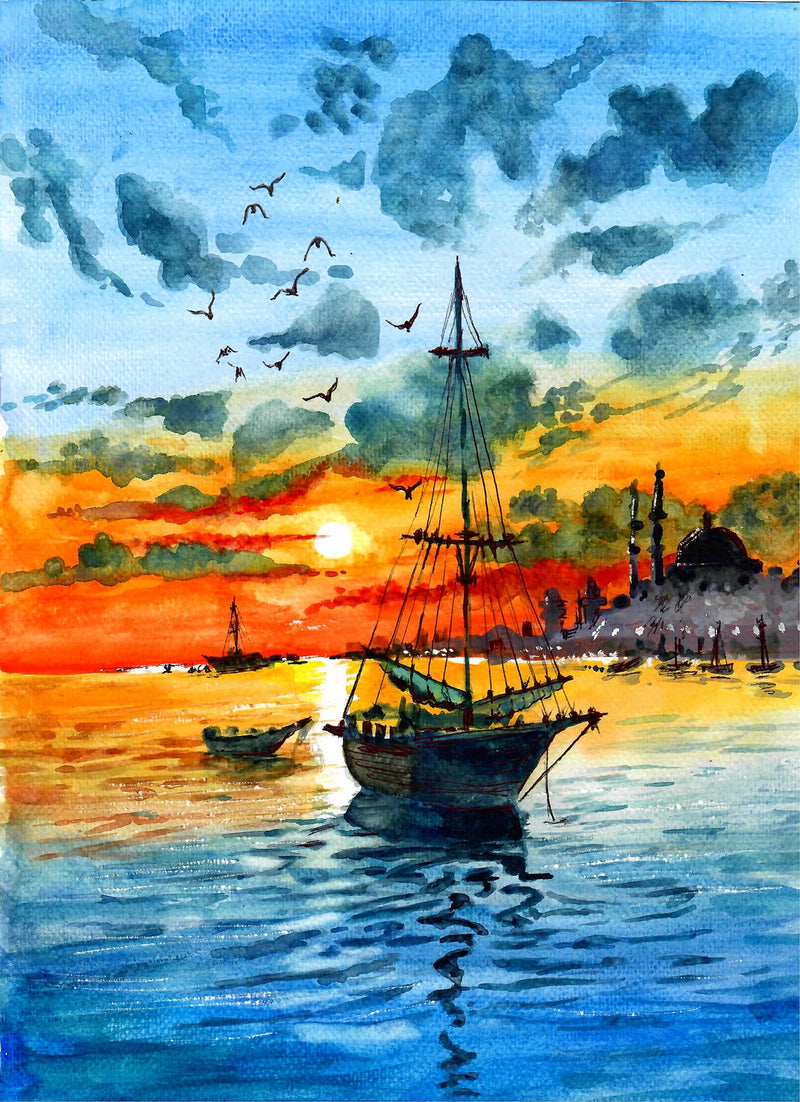 Fishing Boat in the Harbor - Nautical Watercolor Painting