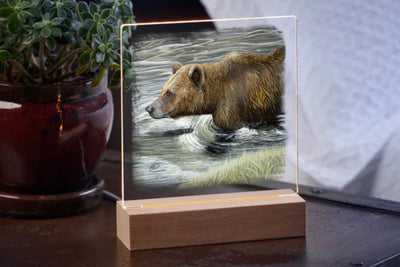 Grizzly Bear fishing acrylic night light with wood base on a wood table with potted plant in the background.