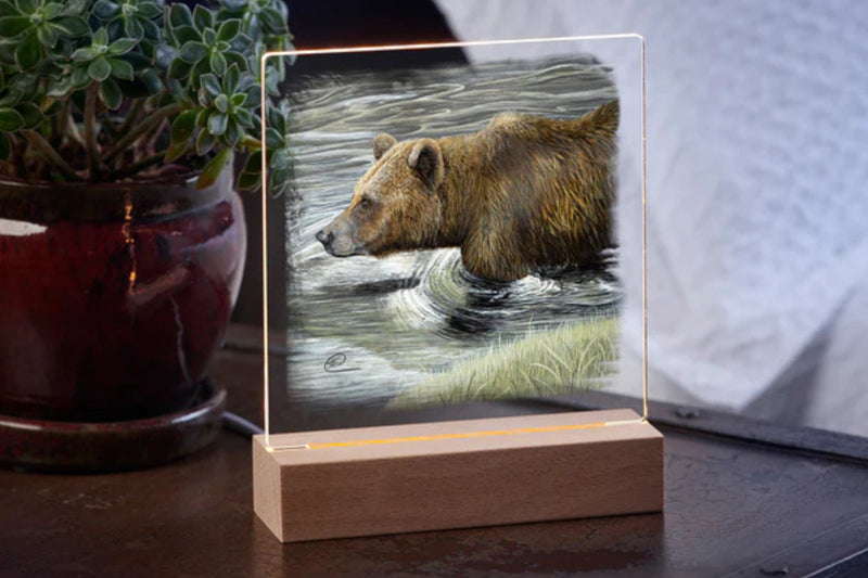 Grizzly Bear fishing acrylic night light with wood base on a wood table with potted plant in the background.