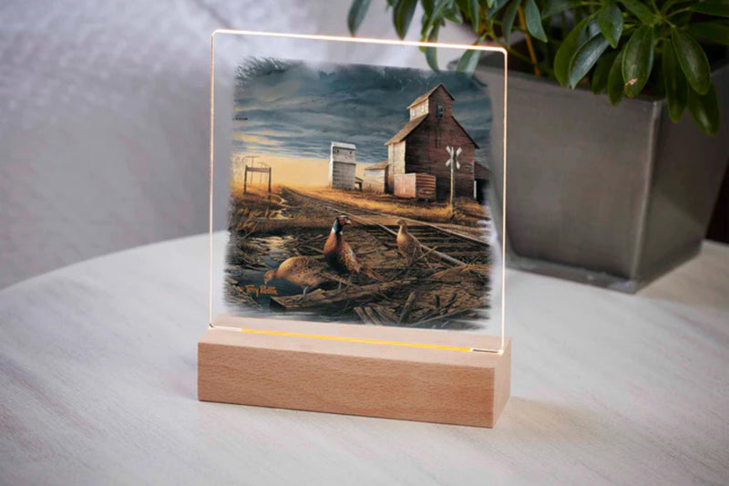 Decorative LED acrylic night light featuring three pheasants, with an old railcar farm building in the background on a wood base sitting on a table with a potted plant.