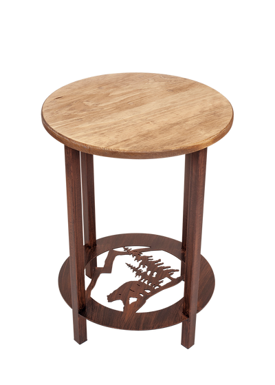 Round bear scene end table with wood top.