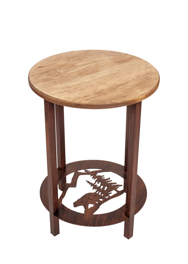 Round bear scene end table with wood top.