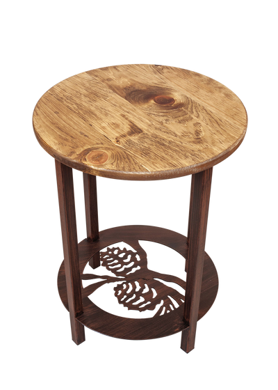 Round pinecone design metal end table with a wood top.