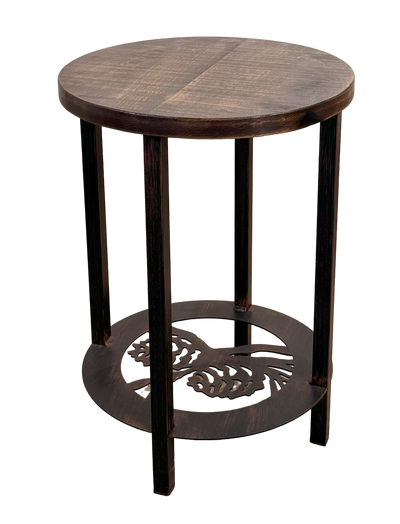 Round Pinecone Design Metal End Table with metal legs and a pinecone accent on the bottom.