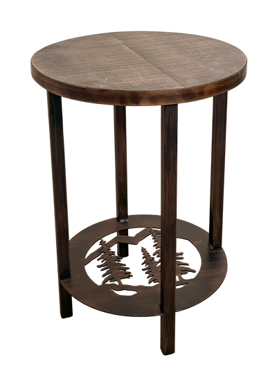 Round Pine Tree accent end table with metal legs and a rough sawn wood top  on a white background.