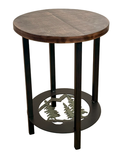 Round rugged pine tree design end table featuring a rough wood sawn top.