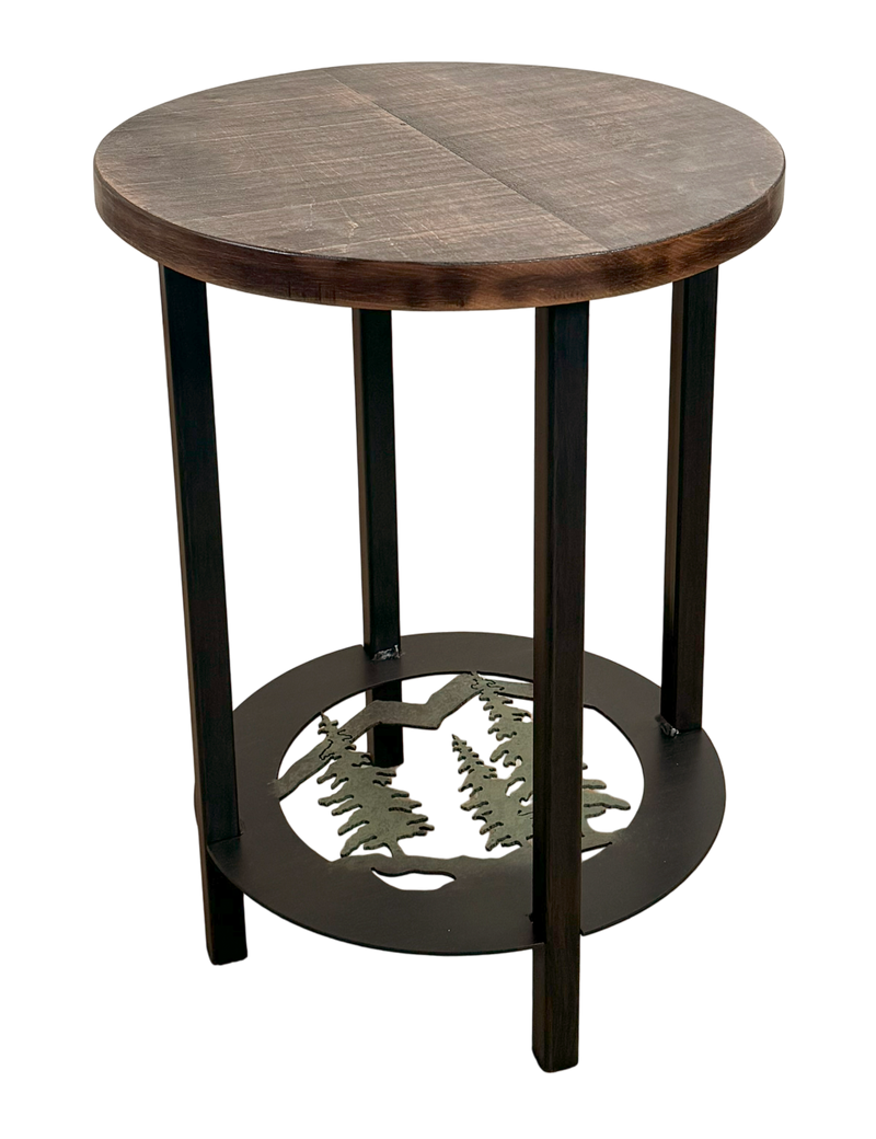 Round rugged pine tree design end table featuring a rough wood sawn top.