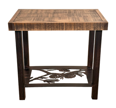 Rectangle metal side table featuring a pinecone design with rough sawn wood top.