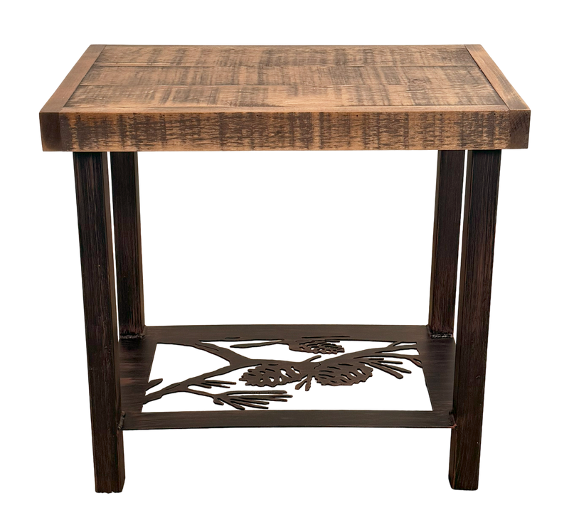 Rectangle metal side table featuring a pinecone design with rough sawn wood top.