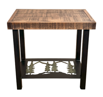 Rugged Pine Tree design metal side table with rough sawn wood top.