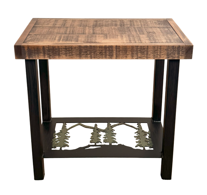 Rugged Pine Tree design metal side table with rough sawn wood top.