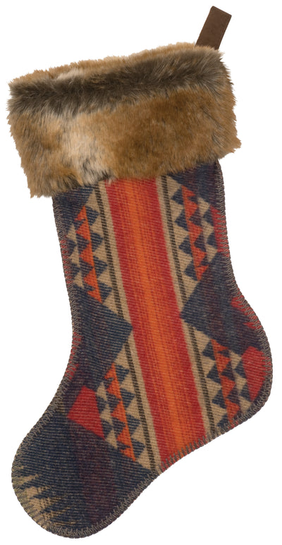 Southwest design Chirstmas Stocking by Wooded River. Stocking is hand made in the US and features a faux fur cuff.