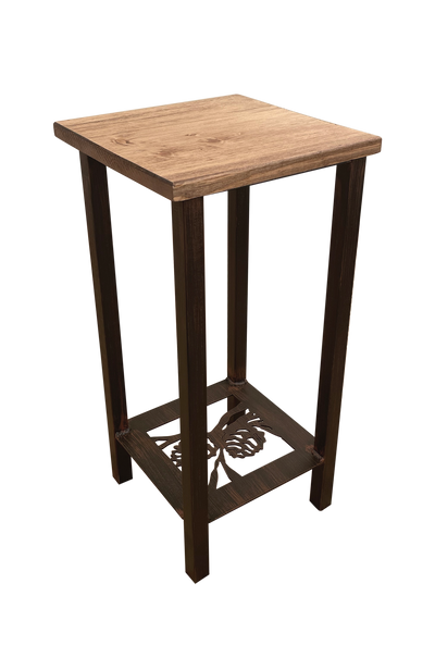 Wooden drink table with dark brown metal legs and a light brown top on a white background