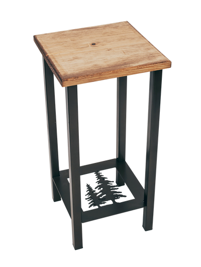 Wooden drink table with black metal legs on a white background. Pine Tree Accent.