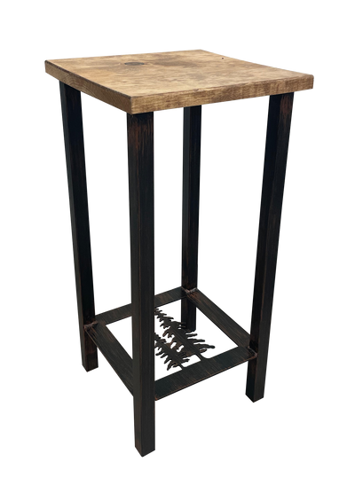 Wood top drink table with burnt sienna metal legs featuring a pine tree accent on a white background.
