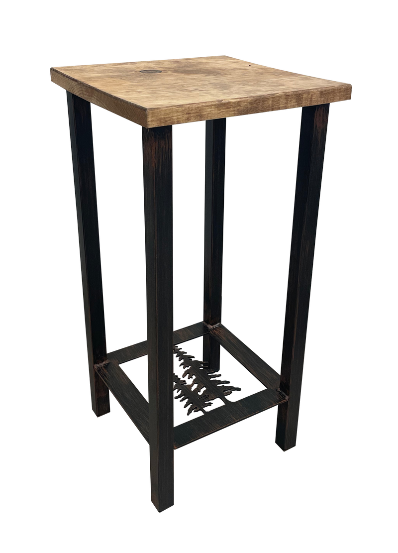 Wood top drink table with burnt sienna metal legs featuring a pine tree accent on a white background.