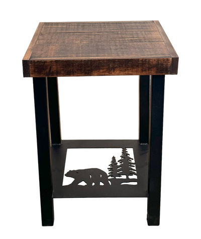 Metal Square end table featuring a bear and pine tree accent. The top is rough sawn wood.