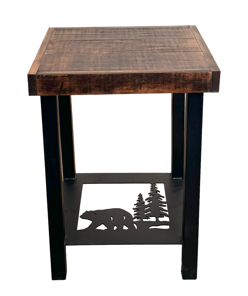 Metal Square end table featuring a bear and pine tree accent. The top is rough sawn wood.