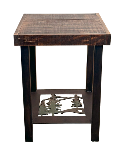 Rugged Pine Tree design square metal end table with rough sawn wood top.