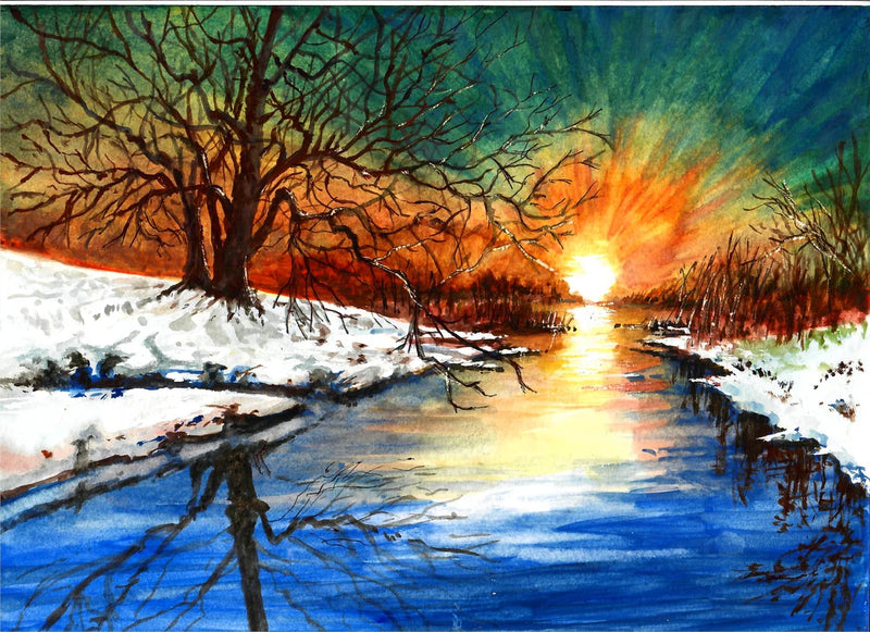 Sunset Over Snowy Creek - Watercolor Painting