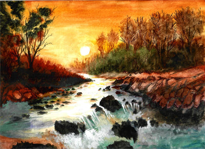 Sunset Over Creek w/ Waterfall - Watercolor Painting