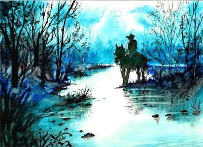 Western Cowboy by a Blue Creek - Watercolor Painting