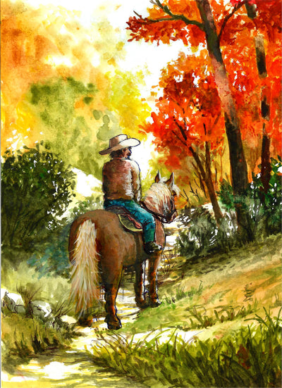 Cowboy Riding on Path Through Forest - Watercolor Painting