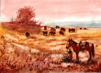 Cowboy Watching Grazing Cattle- Watercolor Painting