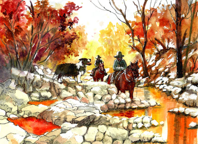 Cowboys Riding Down Stony Creek - Watercolor Painting