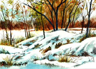 Winter Scene in Field - Watercolor Painting