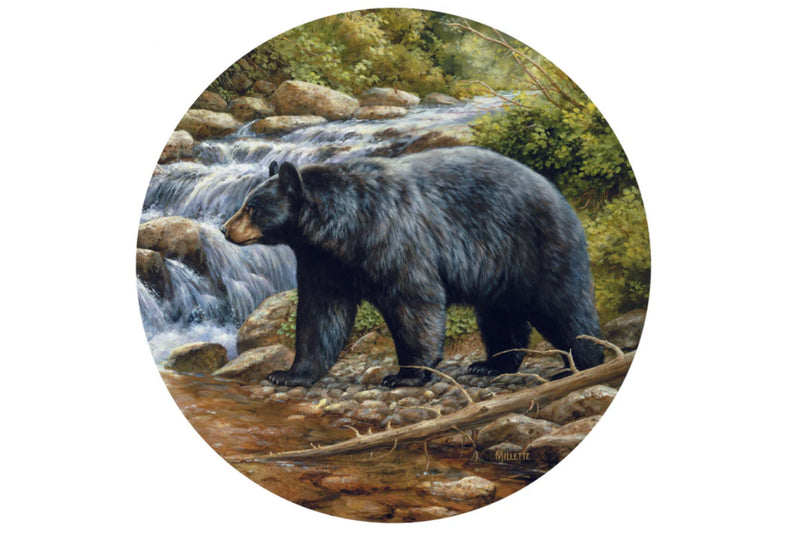 Painting of a bear walking near a stream with rocks and trees.