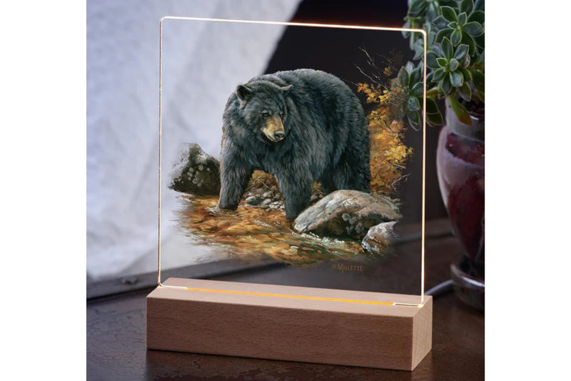 Acrylic tabletop night light featuring a black bear design with a wood base with a potted plant in the background.