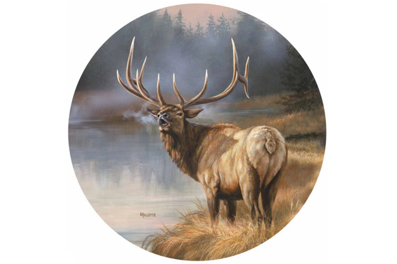Artwork of a large elk standing by a lake with trees in the background titled "Autumn Mist Elk" by Rosemary Millette.
