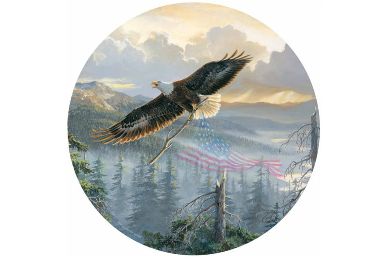 Eagle flying over a landscape with mountains and an American flag.
