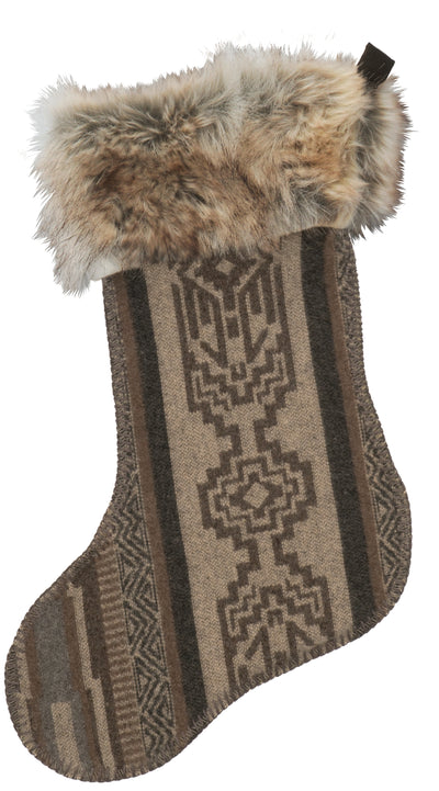 Decorative Christmas stocking with fur trim on a white background