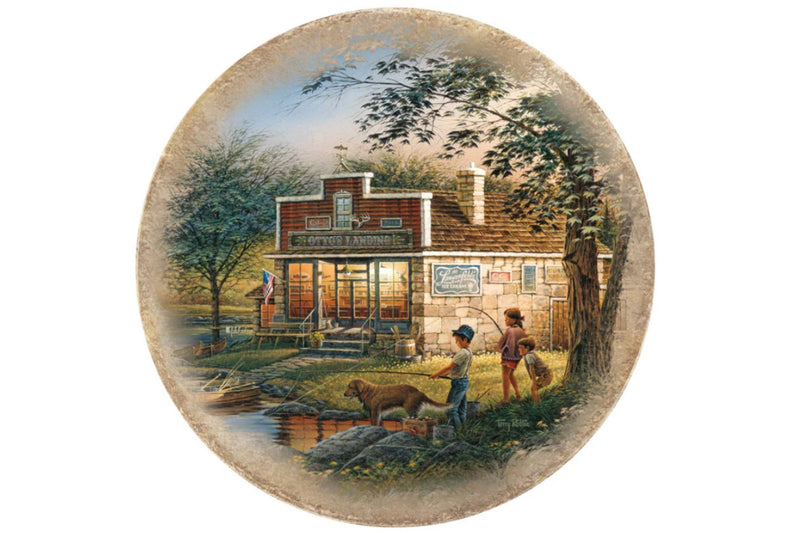 Artwork by Terry Redlin titled "Summertime" featuring three kids fishing with their dog with an old fishing bait shop in the background.