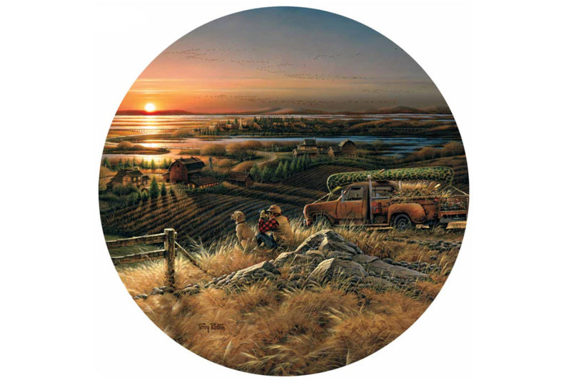 Circular painting of a sunset over a field with a truck and people, signed by Terry Redlin.