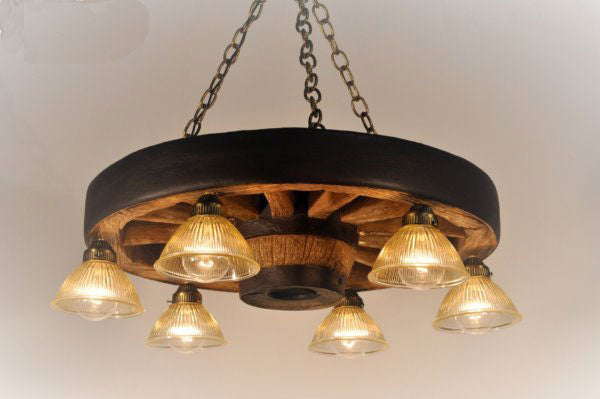 Small Wagon Wheel Reproduction Chandelier with Down Lights