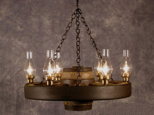 Small Wagon Wheel Reproduction Chandelier with Chimney Lights
