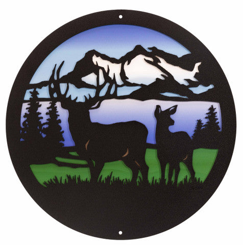 Buck Deer Design Round Metal Wall Art / with Backer Plate