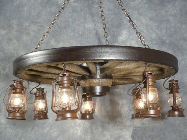 Large Wagon Wheel Reproduction Chandelier with Lanterns