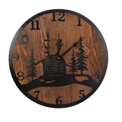 Round 24" Wood Clock with Etched Cabin Scene