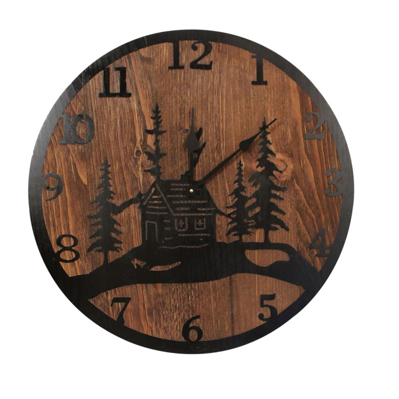 Round 24" Wood Clock with Etched Cabin Scene