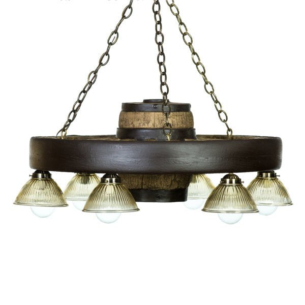 Small Wagon Wheel Reproduction Chandelier woth Down Lights