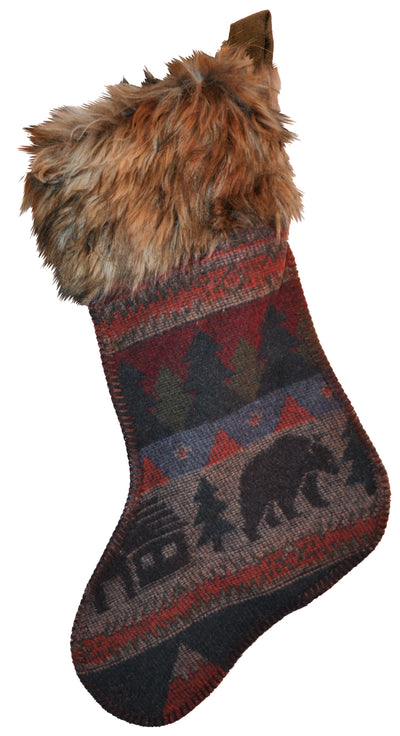 Cabin Bear Design Wool Blend Christmas Stocking